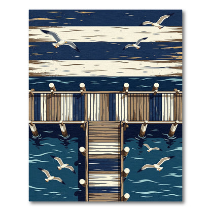 Coastal Navy Striped Pier Seagull Rug