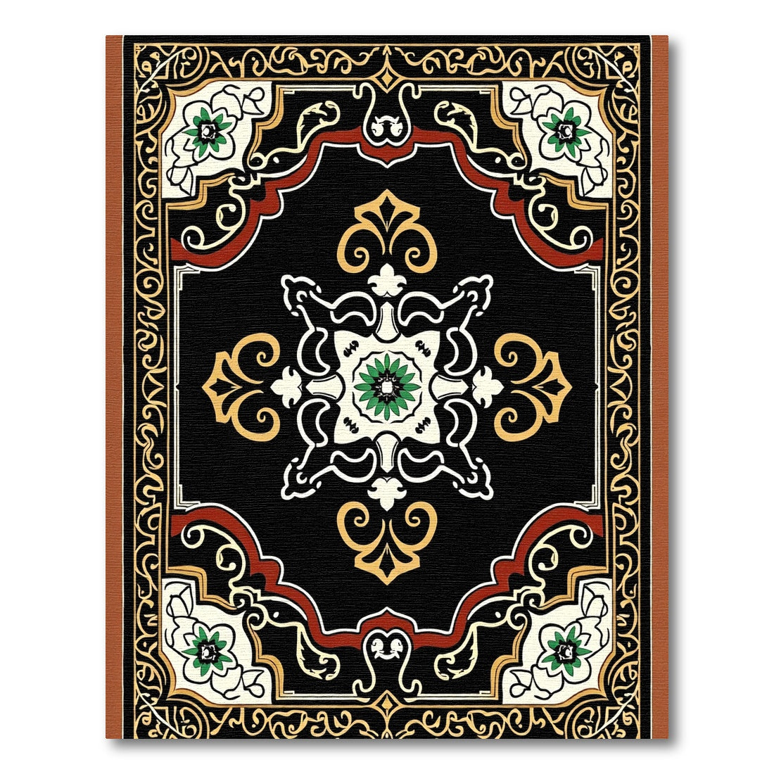 Elaborate Black Floral Medallion Border Rug