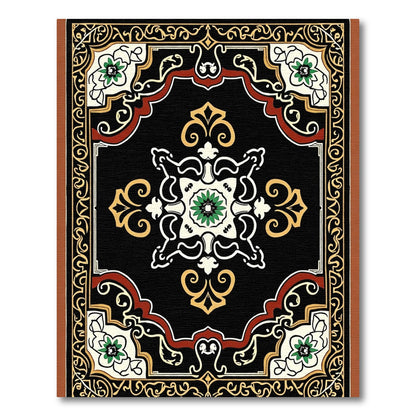 Elaborate Black Floral Medallion Border Rug