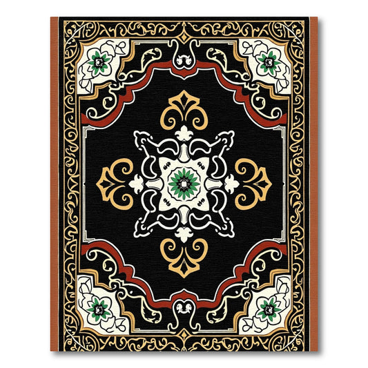 Elaborate Black Floral Medallion Border Rug