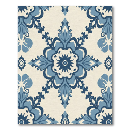 Blue Ivory Damask Floral Medallion Rug