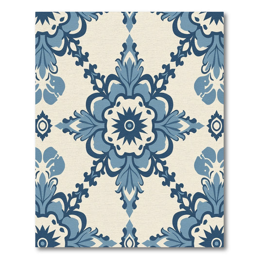 Blue Ivory Damask Floral Medallion Rug