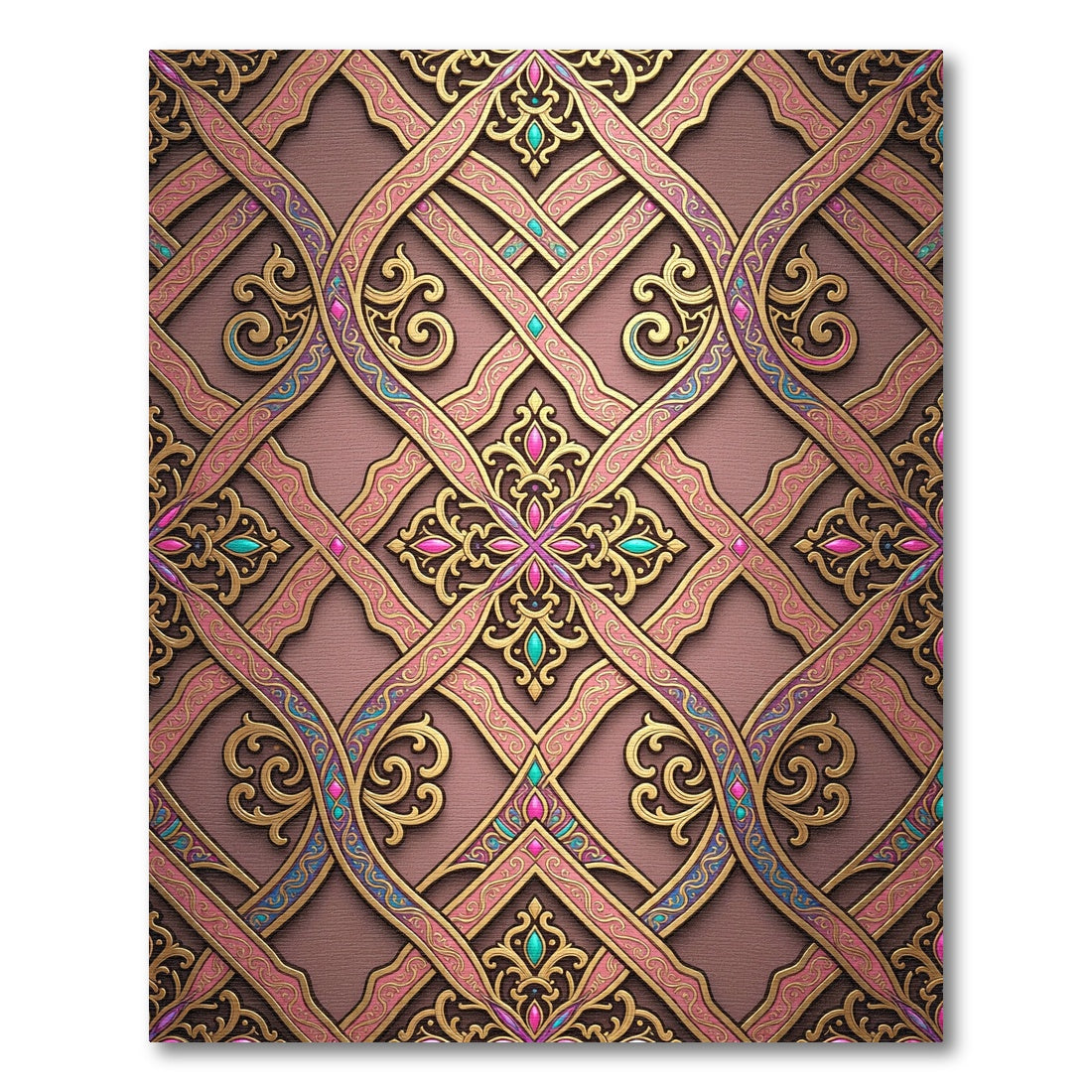 Gilded Pink Ornate Damask Lattice Ribbon Rug