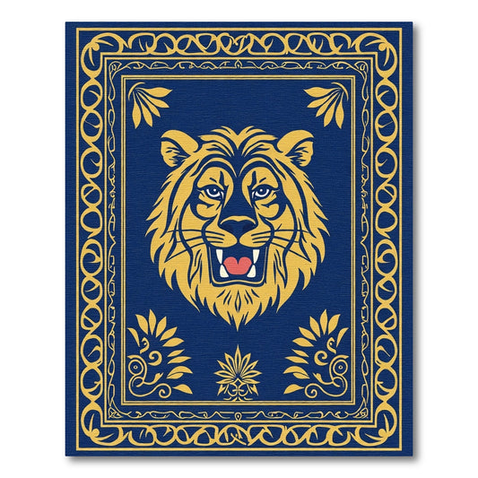 Majestic Blue Gold Lion Emblem Rug