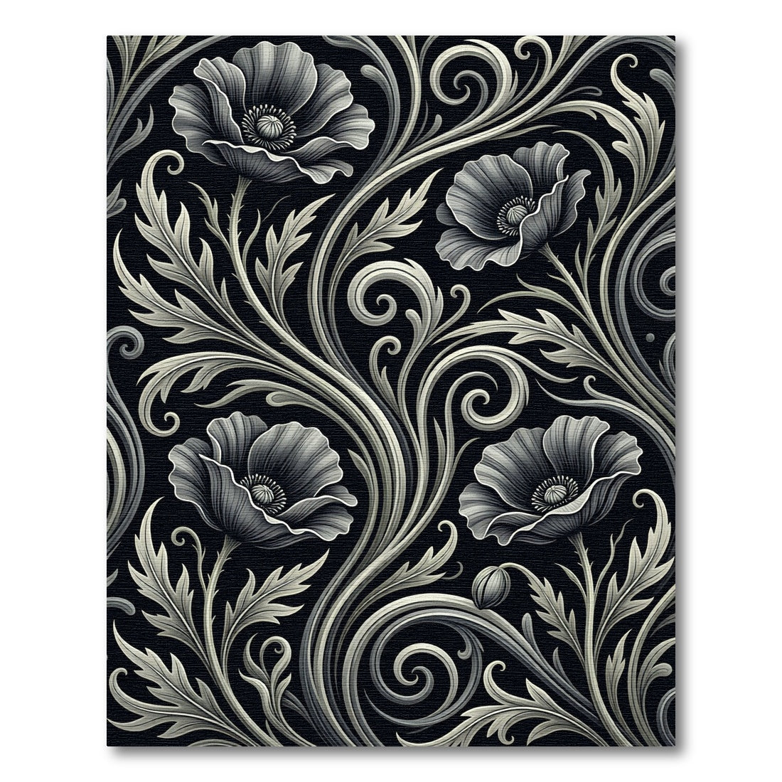 Elegance Monochrome Poppy Floral Scrollwork Rug
