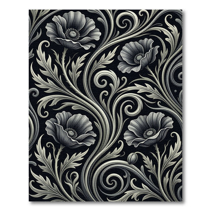 Elegance Monochrome Poppy Floral Scrollwork Rug
