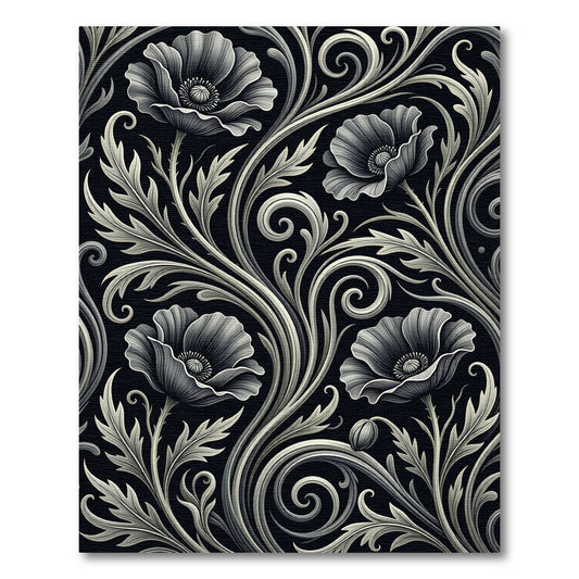 Elegance Monochrome Poppy Floral Scrollwork Rug