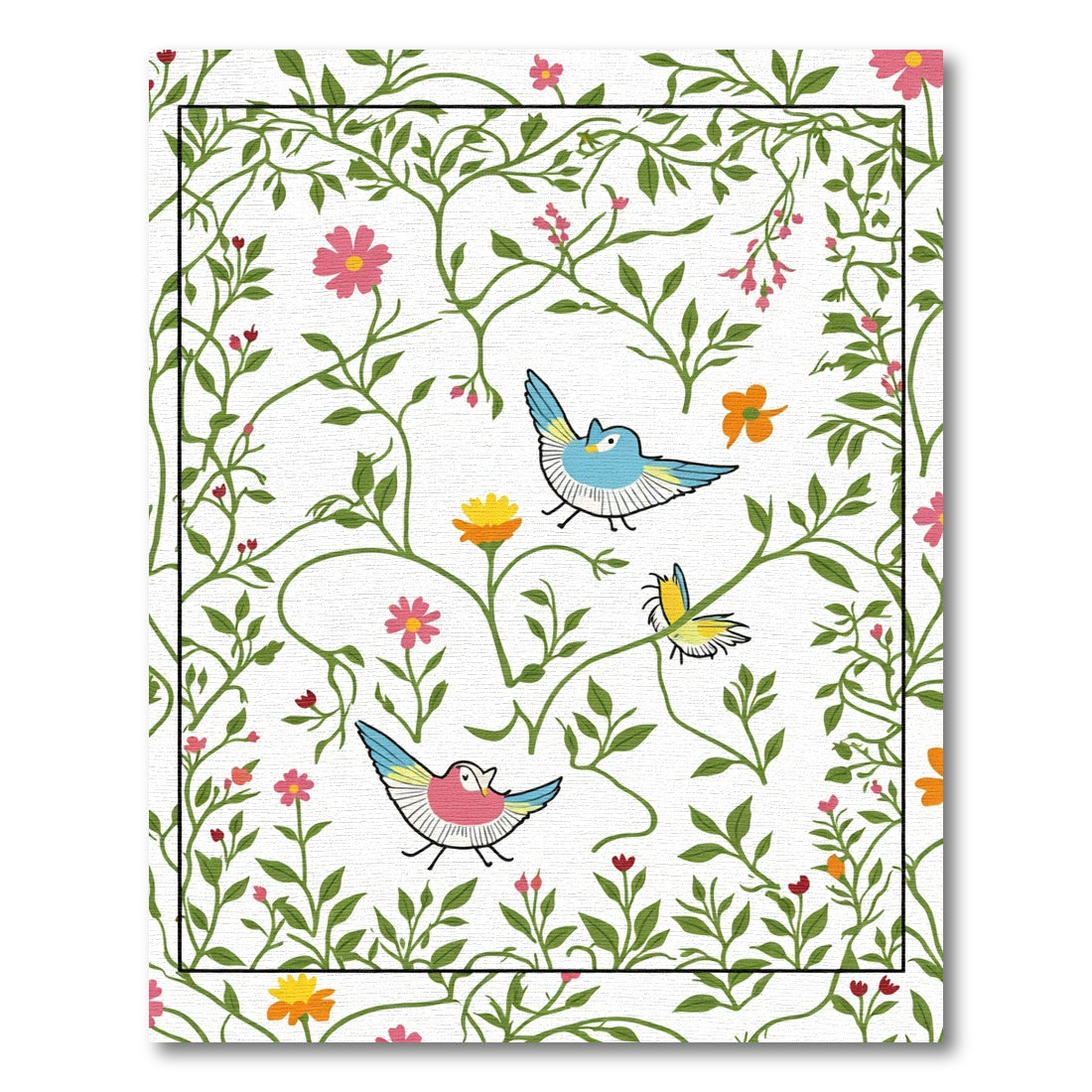Whimsical Garden Birds Floral Vines Rug