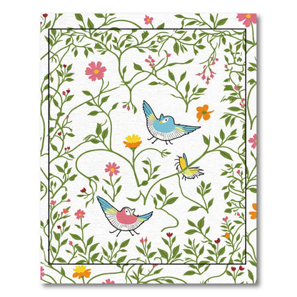 Whimsical Garden Birds Floral Vines Rug