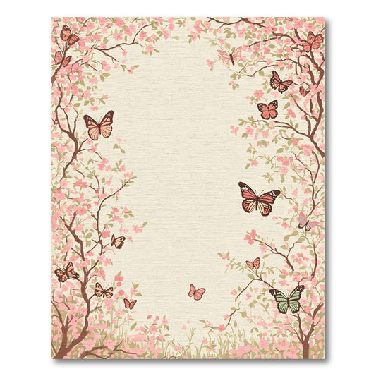 Pink Blossom Butterflies Garden Scene Rug