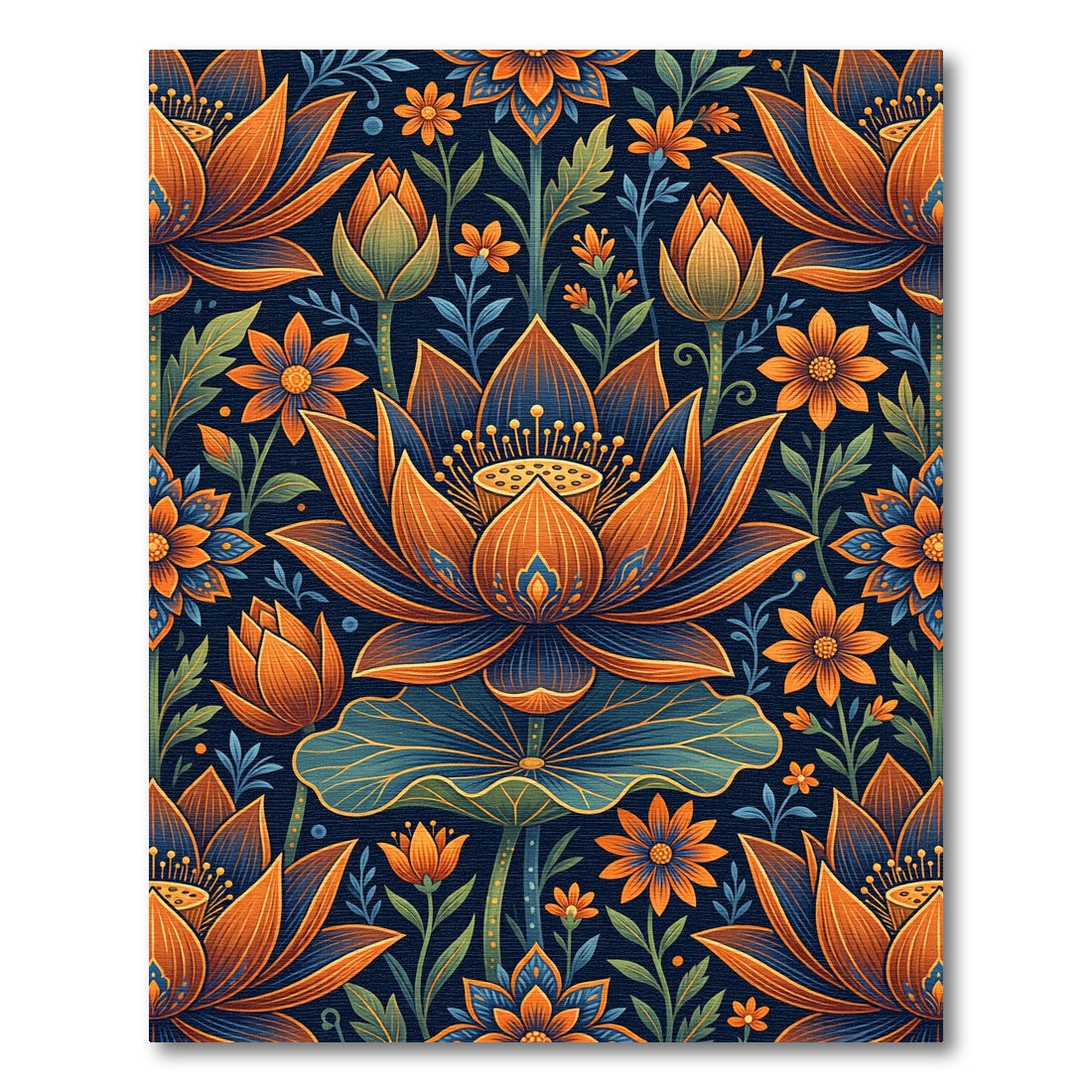 Warm Orange Blue Lotus Floral Immersion Rug