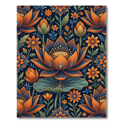 Warm Orange Blue Lotus Floral Immersion Rug