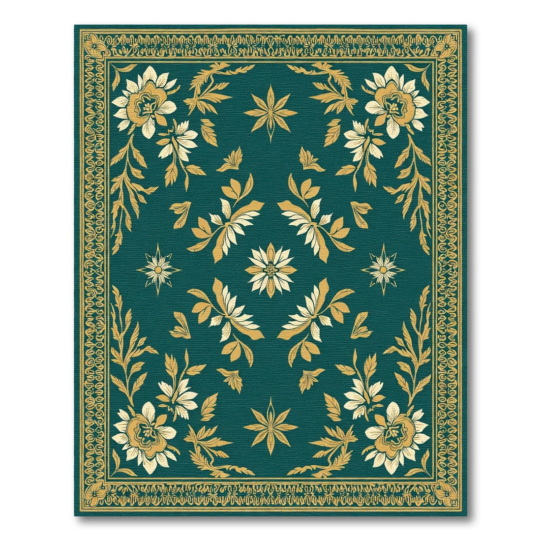 Gold Cream Floral Garden Teal Rug