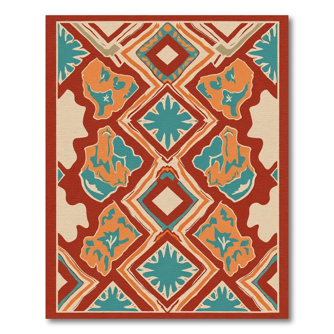 Terracotta Teal Abstract Diamond Medallion Rug