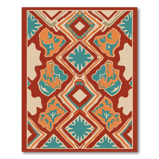 Terracotta Teal Abstract Diamond Medallion Rug