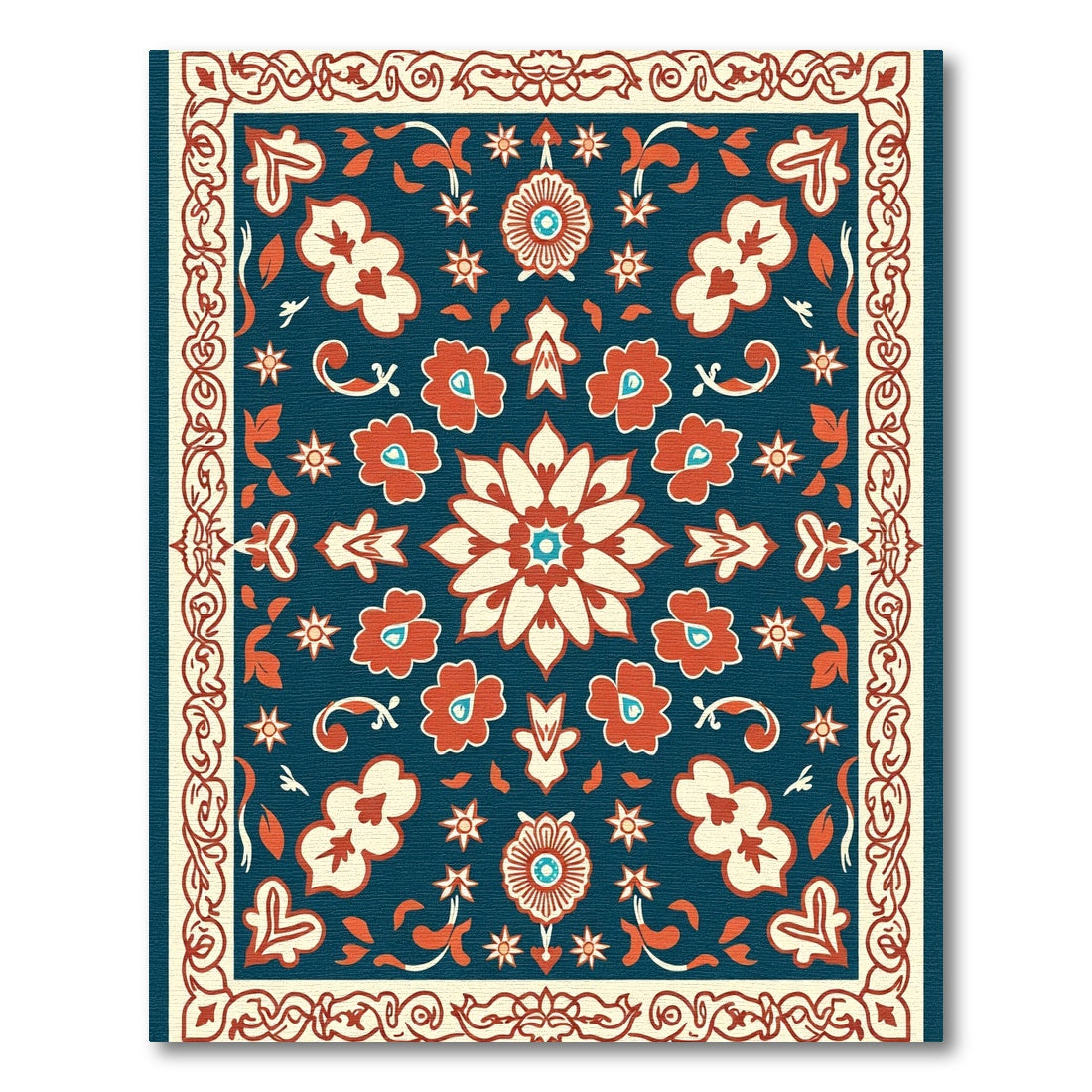 Crimson White Floral Medallions Dark Blue Rug