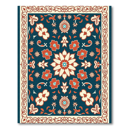 Crimson White Floral Medallions Dark Blue Rug