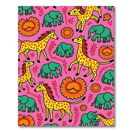 Bright Pink Giraffe Elephant Floral Meadow Rug