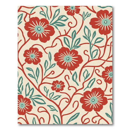 Red Floral Vines With Teal Accents Rug