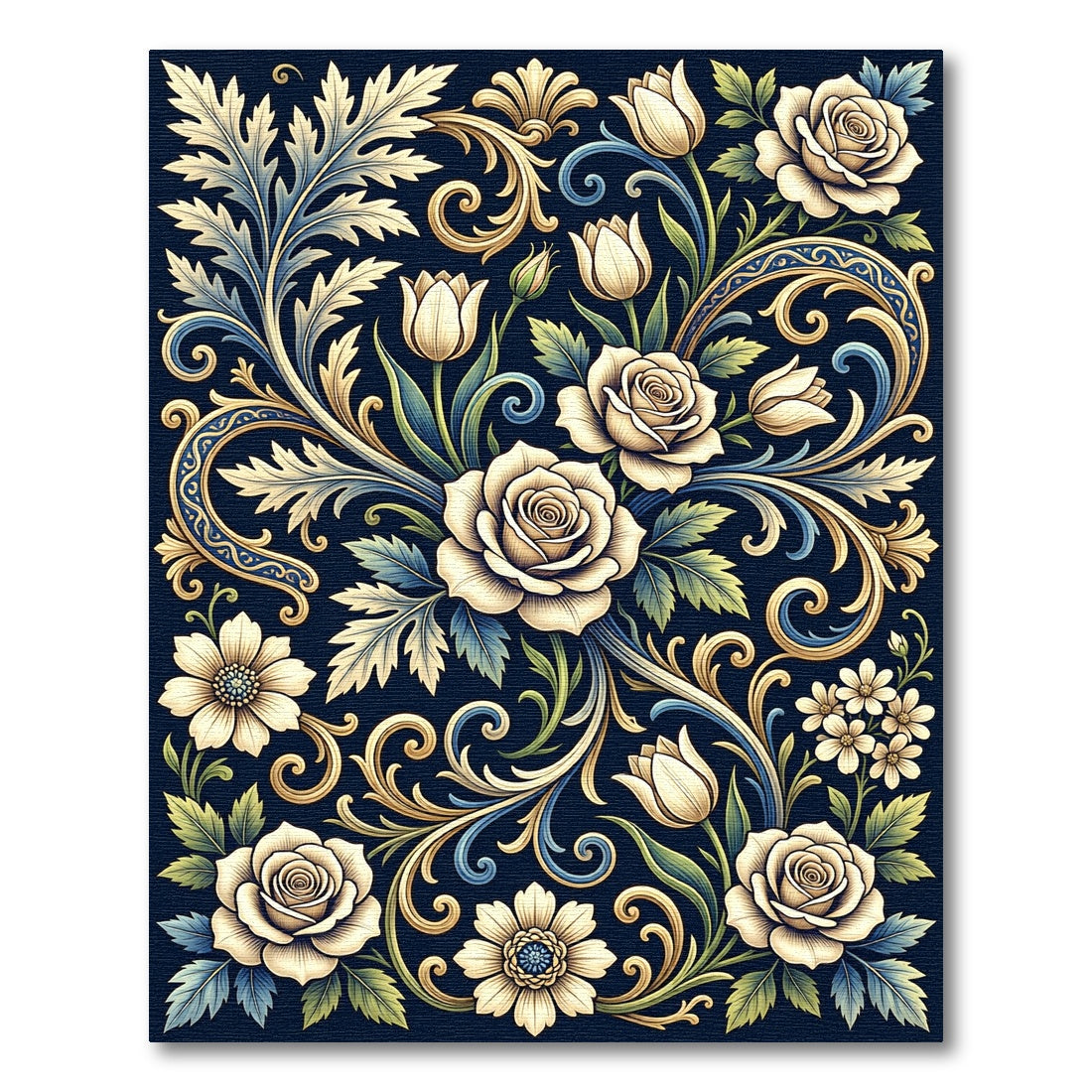 Elegant Cream Floral Navy Scrollwork Art Rug