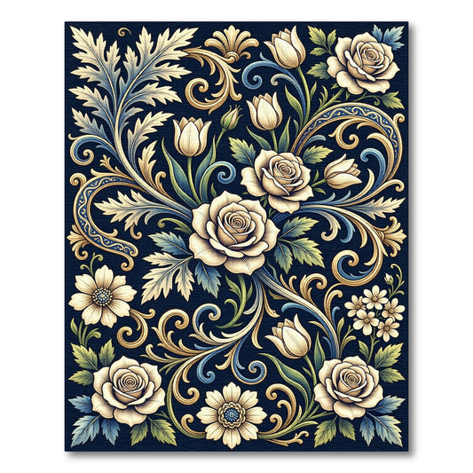 Elegant Cream Floral Navy Scrollwork Art Rug