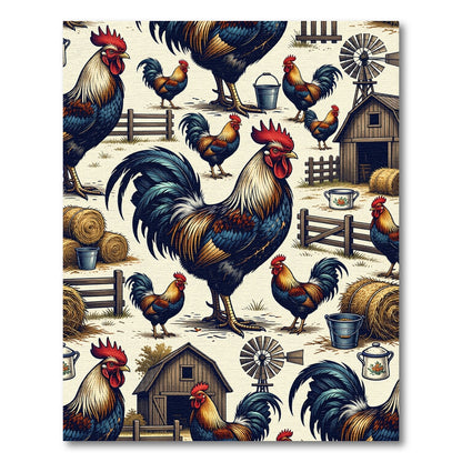 Rustic Farmhouse Rooster Barnyard Illustration Rug