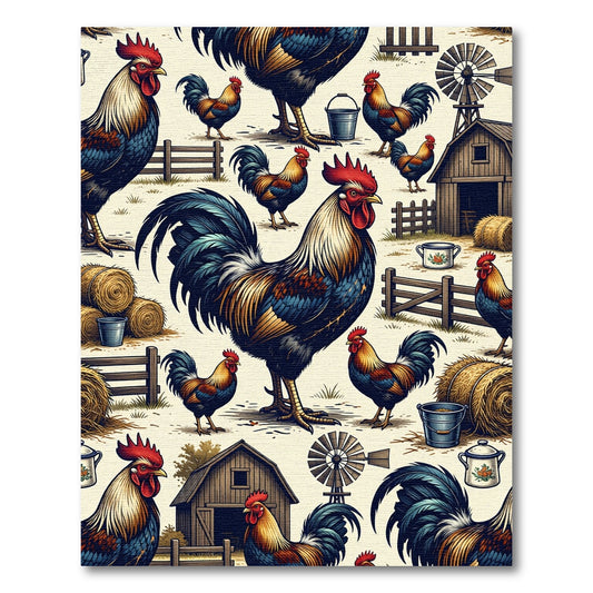 Rustic Farmhouse Rooster Barnyard Illustration Rug