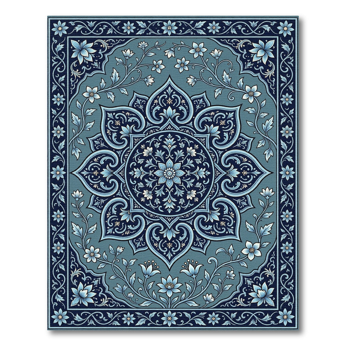Deep Blue Floral Medallion Garden Rug