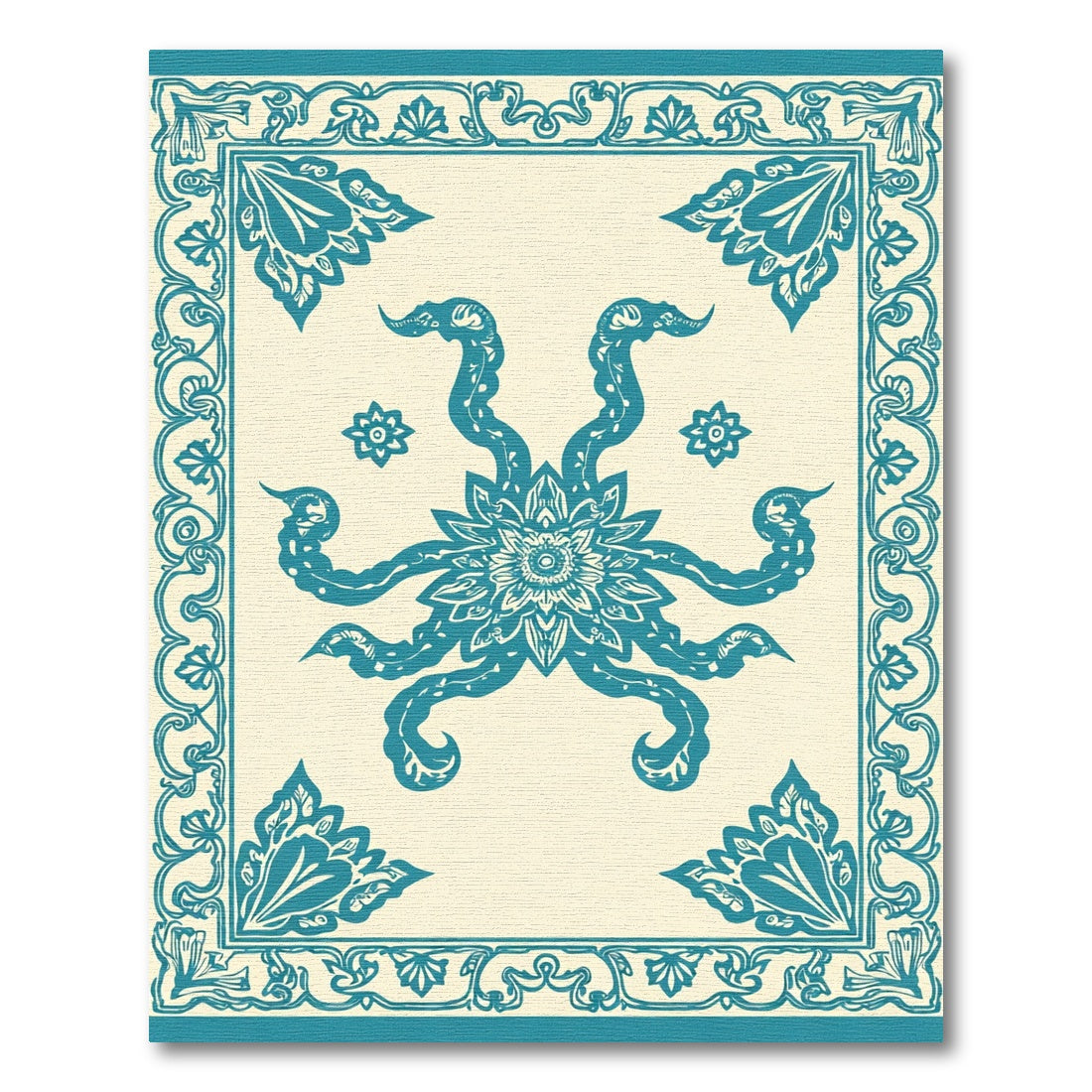 Teal Octopus Floral Border Rectangular Rug