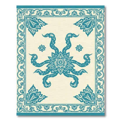Teal Octopus Floral Border Rectangular Rug