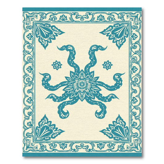 Teal Octopus Floral Border Rectangular Rug