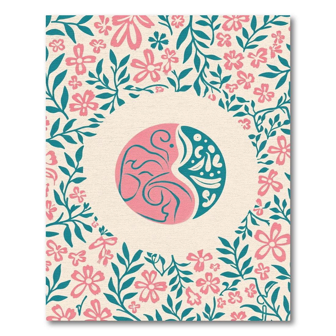 Pink Teal Floral Yin Yang Composition Rug