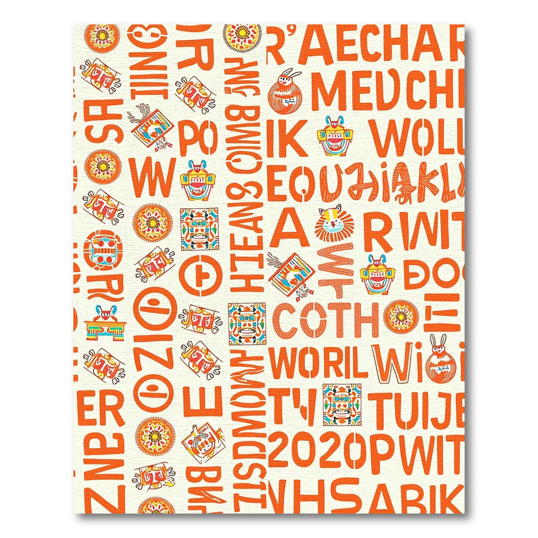 Orange Alphabet Characters Tribal Masks Rug