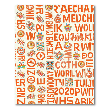 Orange Alphabet Characters Tribal Masks Rug