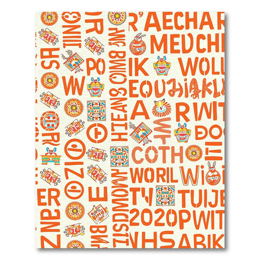 Orange Alphabet Characters Tribal Masks Rug