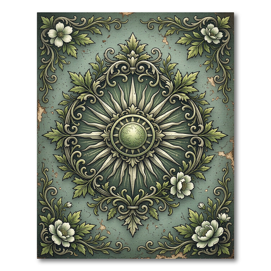 Sage Green Radiant Sun Floral Engraving Rug