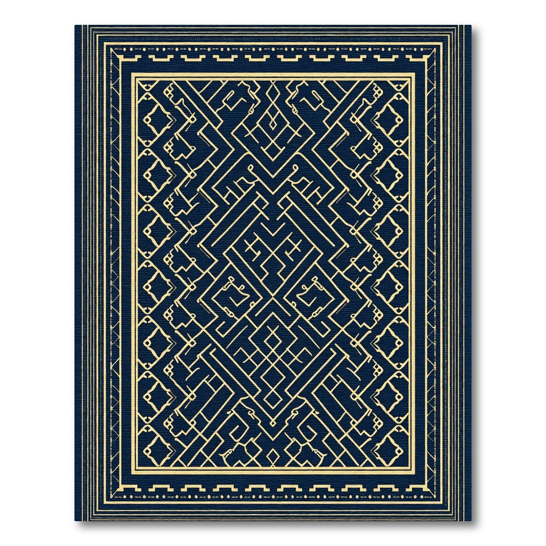 Deep Blue Golden Labyrinth Geometric Rug
