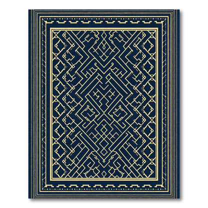 Deep Blue Golden Labyrinth Geometric Rug