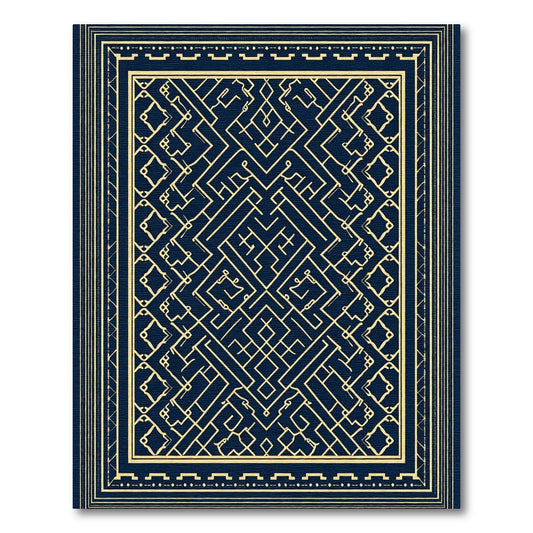 Deep Blue Golden Labyrinth Geometric Rug