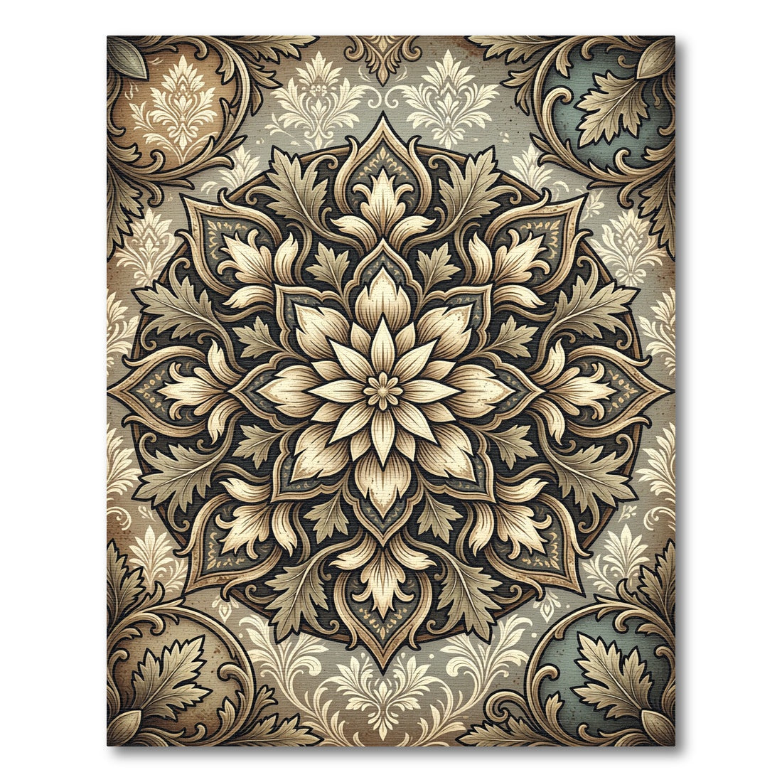 Antique Teal Ivory Floral Medallion Rug