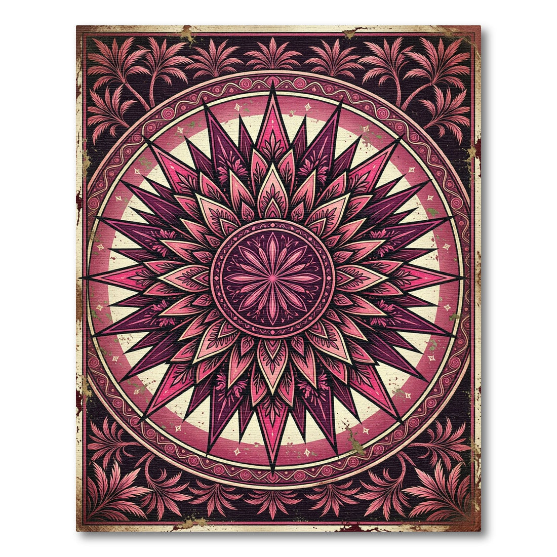 Vintage Magenta Starburst Floral Medallion Rug