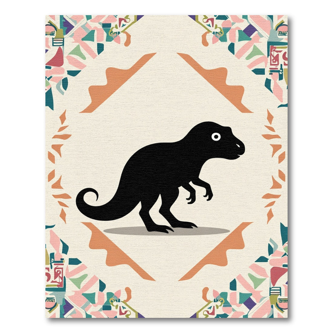 Playful Black Dinosaur Geometric Border Rug