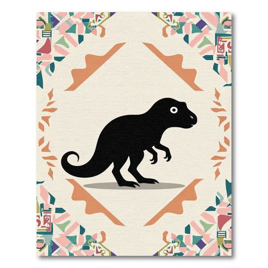 Playful Black Dinosaur Geometric Border Rug