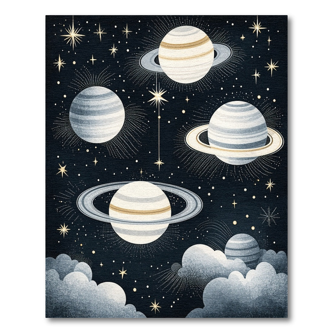 Starry Ringed Planets Gold Cosmic Rug