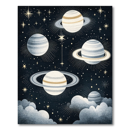 Starry Ringed Planets Gold Cosmic Rug