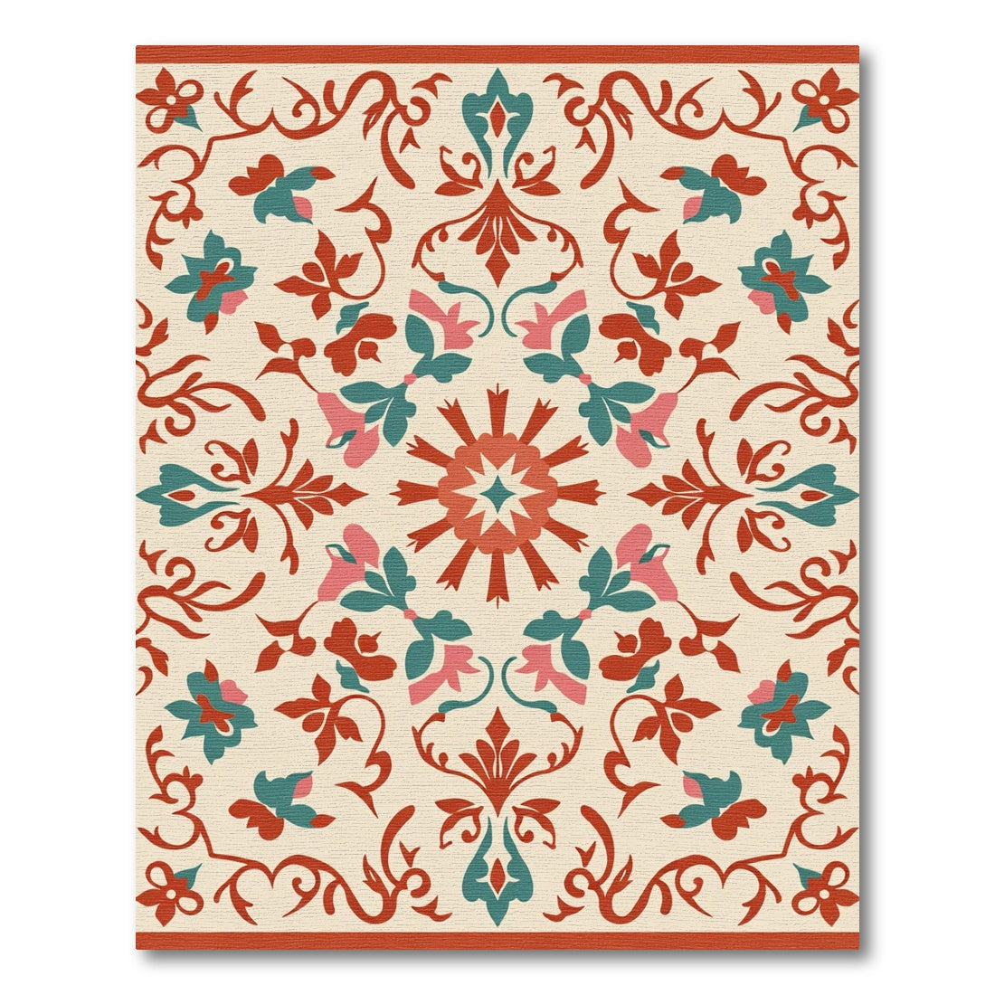 Coral Teal Floral Scroll Medallion Rug