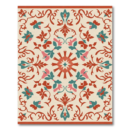 Coral Teal Floral Scroll Medallion Rug