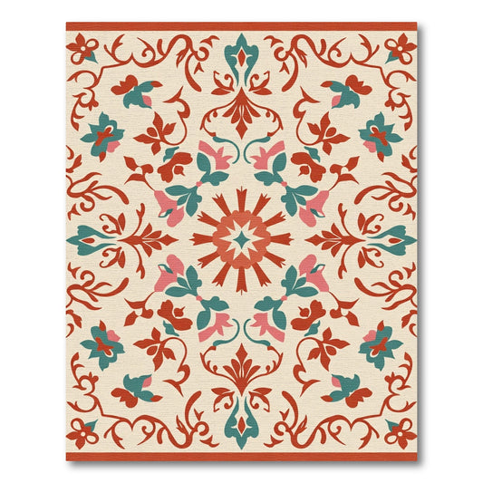 Coral Teal Floral Scroll Medallion Rug
