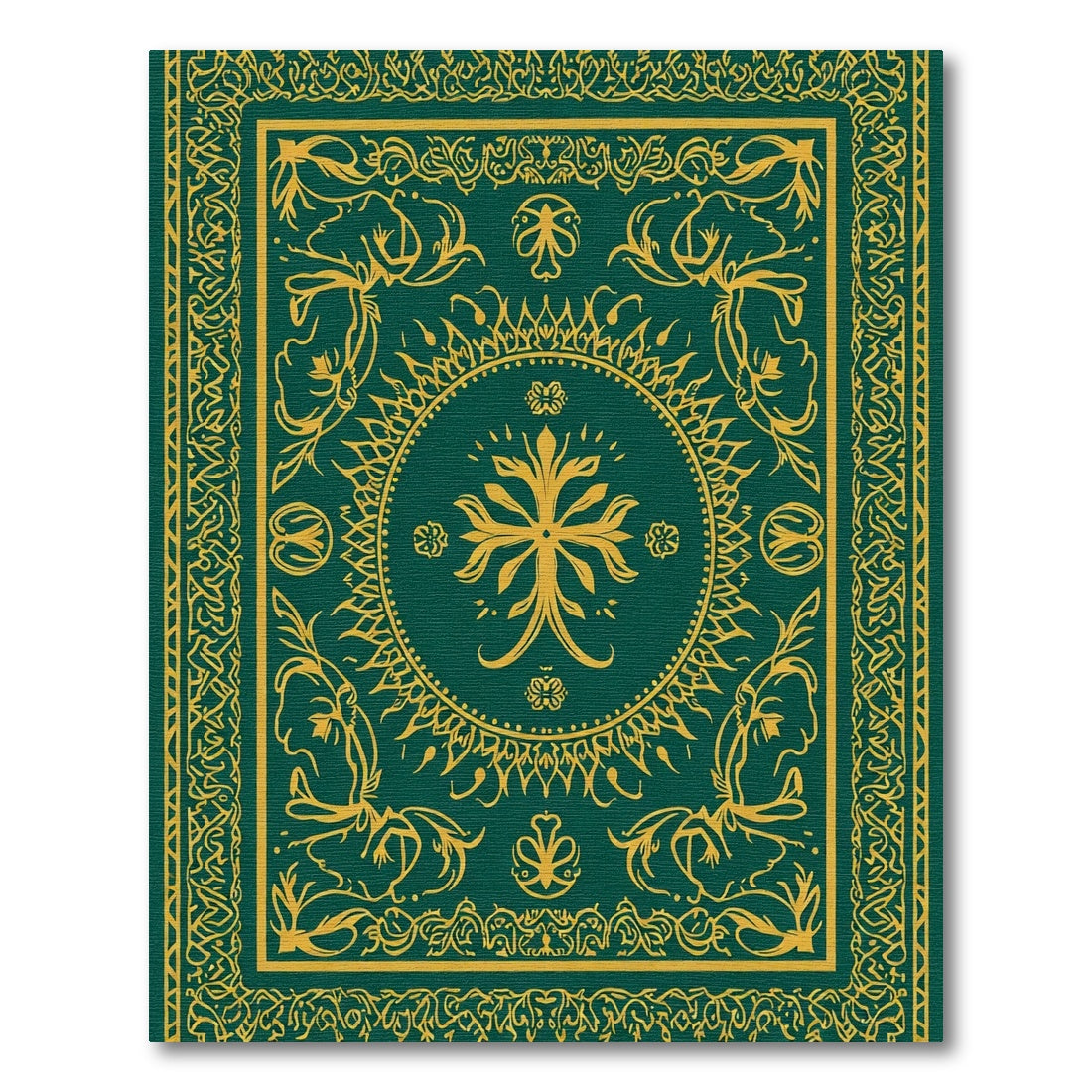 Golden Leaf Scrollwork Emerald Frame Rug