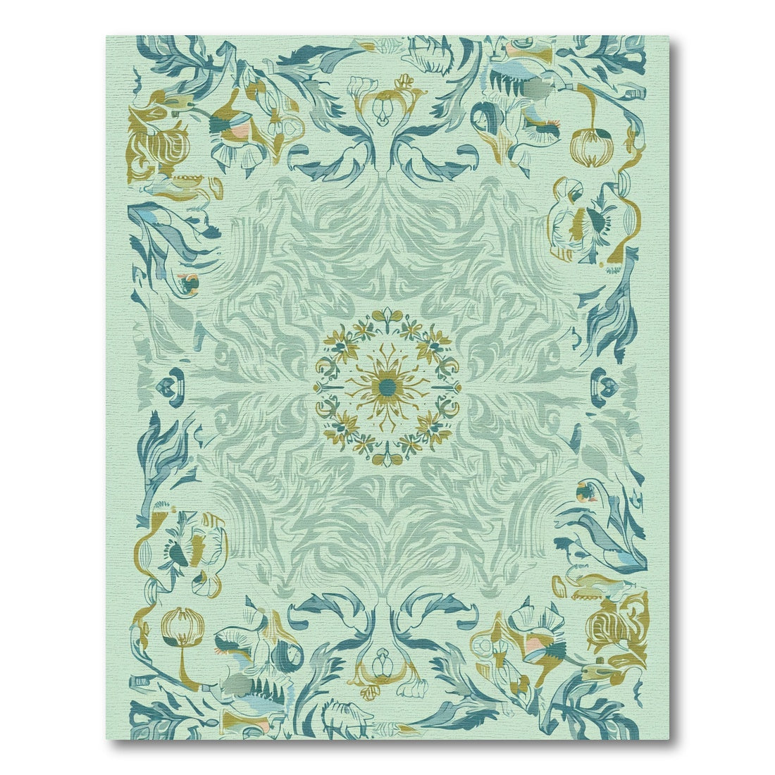 Muted Teal Golden Floral Scroll Rug
